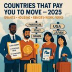 Top Countries That Will Pay You to Move There in 2025 (Grants, Stipends & Relocation Perks) People relocating abroad with grant money, housing keys and country flags.