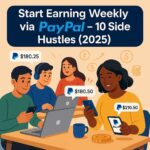 Diverse freelancers checking PayPal balances on phones and laptops celebrating weekly earnings.