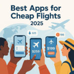 Travelers using flight apps on smartphones to find cheap tickets.