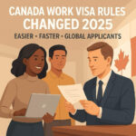 Canadian immigration officer reviewing work permit application with Canadian flag background.