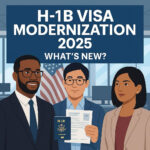 Diverse professionals discussing H-1B Visa updates in a modern U.S. office, 2025
