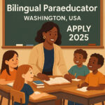 Bilingual paraeducator assisting elementary students in a U.S. school classroom.