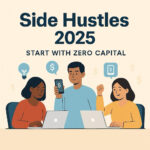 Young professionals working online at home planning zero-capital side hustles.